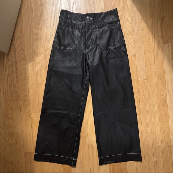 Maeve Colette Black Vegan Leather Wide-Leg Pants Top Stitch - Picture 2 of 4